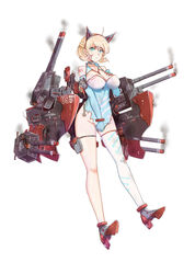  12cat blonde_hair blue_eyes breasts china_dress chinese_clothes cleavage colorado_(warship_girls_r) commentary_request detached_sleeves dirt dress female groin hand_on_own_chest highres large_breasts mecha_musume no_panties single_thighhigh smoke solo thigh_strap thighhighs torn_clothes warship_girls_r 