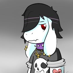  1:1 alternative_fashion anthro asriel_dreemurr azenzeph black_hair bone boss_monster_(undertale) bovid caprine clothing collar ear_piercing emo emo_haircut goat grey_background hair jewelry long_ears male mammal necklace piercing red_eyes shirt simple_background skull solo spiked_collar spikes t-shirt tattoo topwear undertale undertale_(series) 