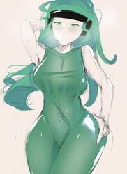  annoyed big_breasts grabbing_own_ass green_eyes green_hair gwain_saga headgear long_hair marlow marlow_(gwain_saga) skinsuit sleeveless steam sweat thick_thighs 