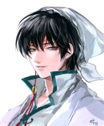  1boy akgi bad_id bad_pixiv_id black_hair coat grin hakutaku_(hoozuki_no_reitetsu) hoozuki_(hoozuki_no_reitetsu) hoozuki_no_reitetsu looking_at_viewer male_focus shirt simple_background smile solo string string_of_fate white_background white_coat white_shirt 