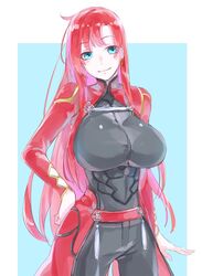  archer_(fate) archer_(fate)_(cosplay) bad_id bad_twitter_id belt black_bodysuit blue_background blush bodysuit border boudica_(fate) boudica_(third_ascension)_(fate) breasts closed_mouth commentary_request cosplay covered_navel earrings fate/grand_order fate/stay_night fate_(series) female green_eyes hand_on_own_hip highres hip_focus jewelry large_breasts long_hair looking_at_viewer mila_(yuta27315) red_hair red_shirt shirt simple_background smile solo waist_cape white_border 