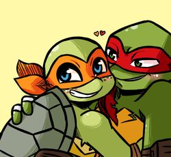  2017 anthro bandana blue_eyes blush brother_(lore) brothers_(lore) clothed clothing duo elbow_pads freckles green_background green_eyes hand_on_back hand_wraps heart_symbol hug incest_(lore) inkyfrog kerchief looking_at_viewer low_res male male/male mask michelangelo_(tmnt) notched_shell raphael_(tmnt) reptile scalie shell sibling_(lore) simple_background smile teenage_mutant_ninja_turtles turtle wraps 