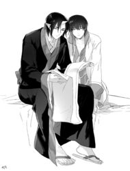  2boys akgi bad_id bad_pixiv_id coat greyscale hakutaku_(hoozuki_no_reitetsu) holding holding_scroll hoozuki_(hoozuki_no_reitetsu) hoozuki_no_reitetsu horns japanese_clothes male_focus monochrome multiple_boys oni_horns sandals scroll shirt single_horn sitting white_coat 