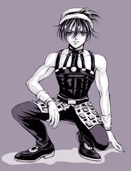  1boy baitu commentary_request hairband highres jojo_no_kimyou_na_bouken male_focus monochrome narancia_ghirga photoshop_(medium) shadow skinny solo squatting wristband 