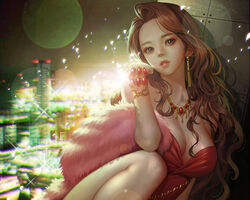  breasts brown_eyes brown_hair building city cleavage cropped dress gang_road long_hair necklace soo_kyung_oh wristwear 