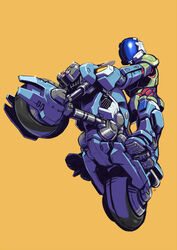  armor body_armor commentary_request glowing helmet highres kikou_souseiki_mospeada lights mecha mercy_rabbit mospeada mospeada_(mecha) motor_vehicle motorcycle power_armor redesign ride_armor riding robot science_fiction shield shiny signature simple_background stick_bernard 