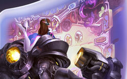  1boy armor ass bad_id bad_pixiv_id blizzard_entertainment bodysuit brown_hair company_connection d.va_(overwatch) facial_mark female full_armor hammer headphones hearthstone height_difference holographic_interface linxz long_hair on_shoulder overwatch overwatch_1 photoshop_(medium) pilot_suit reinhardt_(overwatch) skin_tight uther_lightbringer war_hammer warcraft weapon whisker_markings 