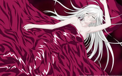  akashiya_moka bed_sheet blanket breasts character_name cleavage copyright_name female highres inner_moka large_breasts long_hair naked_sheet pillow rosario+vampire sleeping solo under_covers very_long_hair white_hair 