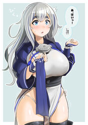  ainu_clothes black_thighhighs blue_eyes blush breasts commentary_request cropped_jacket female headband highres kamoi_(kancolle) kantai_collection konoshige_(ryuun) large_breasts long_hair long_sleeves looking_at_viewer sideboob sidelocks solo thick_eyebrows thighhighs translated unworn_bandana white_hair 