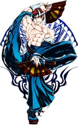  1boy abs blue_hakama brown_eyes brown_hair commentary_request detached_sleeves dual_wielding folding_fan geta glasses grin guilty_gear hakama hakama_skirt hand_fan headband holding japanese_clothes kawo-ri male_focus manly mito_anji muscular photoshop_(medium) pince-nez skirt smile solo topless_male 