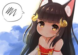  animal_ears azur_lane bare_shoulders blush brown_eyes brown_hair closed_mouth collarbone commentary_request curled_horns detached_sleeves dress female horns long_hair looking_at_viewer nagato_(azur_lane) neko_miyabi_(artist) red_dress solo spoken_squiggle squiggle strapless strapless_dress very_long_hair water white_background 