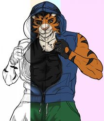  2018 anthro biceps clothed clothing digital_drawing_(artwork) digital_media_(artwork) felid front_view gloves handwear hi_res lupelongo male mammal muscular muscular_anthro muscular_male nipples pantherine pecs simple_background solo tiger 