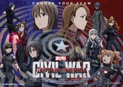  akizuki_ryo armor arrow_(projectile) black_hair black_panther_(marvel) black_widow bodysuit bow_(weapon) brown_eyes brown_hair captain_america captain_america:_civil_war captain_america_(series) character_request commentary_request drawing_bow futami_mami hagiwara_yukiho hawkeye_(marvel) holding holding_bow_(weapon) holding_weapon idolmaster idolmaster_(classic) idolmaster_cinderella_girls idolmaster_dearly_stars idolmaster_one_for_all iron_man kikuchi_makoto left-handed leon_(idolmaster) long_hair marvel marvel_cinematic_universe minase_iori miura_azusa mizutani_eri movie_poster multiple_girls open_mouth parody power_armor scarlet_witch shijou_takane short_hair takatsuki_yayoi taku1122 the_falcon vision_(marvel) war_machine weapon 