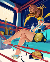  belt blonde_hair blue_lips boots brachypelman breasts cleavage commentary crossed_legs english_commentary female fingerless_gloves gloves high_heel_boots high_heels large_breasts lipstick long_hair makeup mask microphone photoshop_(medium) rainbow_mika shoe_dangle sitting solo_focus street_fighter trophy trophy_head unfinished wrestling_mask wrestling_ring zangief 