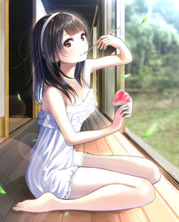  arm_up bare_arms bare_shoulders barefoot black_hair blurry blush breasts brown_eyes cleavage closed_mouth collarbone commentary_request day depth_of_field dress drinking_straw eating falling_leaves female fingernails food frilled_dress frills from_side full_body hairband holding holding_drinking_straw holding_food indoors kentaurosu leaf lens_flare long_hair looking_at_viewer looking_to_the_side matsuno_chiya original porch shaved_ice sideways_glance sitting sleeveless sleeveless_dress sliding_doors small_breasts solo spoon_straw veranda wariza white_dress white_hairband 