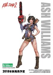  ahoge ashley_j_williams ass_visible_through_thighs belt bishoujo_terror black_bra black_eyes black_hair blood blush boots bra breasts chainsaw character_name commentary_request copyright_name cross-laced_footwear curly_hair evil_dead female full_body genderswap_(mtf) gun gun_on_back hand_on_own_hip injury kotobukiya_bishoujo lace-up_boots looking_at_viewer medium_breasts rule_63 scar scratches short_hair short_shorts shorts shotgun smirk solo standing torn_clothes translation_request underwear weapon weapon_on_back white_background yamashita_shun&#039;ya 