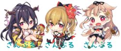  3girls antenna_hair bare_shoulders black_hair blonde_hair bow breasts cleavage commentary_request danua danua_(summer)_(granblue_fantasy) draph granblue_fantasy gretel_(granblue_fantasy) hair_between_eyes hair_flaps hair_ornament hair_ribbon hairbow hairclip hansel_(granblue_fantasy) horn_ornament horns jewelry kantai_collection large_breasts long_hair medium_breasts multiple_girls namanie official_alternate_costume pointy_ears ponytail red_eyes remodel_(kantai_collection) ribbon smile thighhighs vira_(granblue_fantasy) vira_(summer)_(granblue_fantasy) yuudachi_(kancolle) 