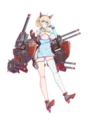  12cat arrow_(projectile) bare_shoulders blonde_hair blue_eyes breasts china_dress chinese_clothes cleavage collar colorado_(warship_girls_r) commentary_request covered_navel detached_sleeves dress female full_body groin highres large_breasts mecha_musume navel no_panties see-through simple_background single_thighhigh solo thigh_strap thighhighs warship_girls_r white_background 