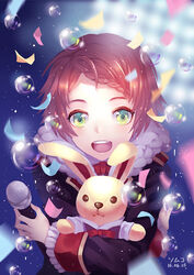  1boy artist_name blush braid brown_hair bubble commentary_request confetti dated green_eyes i-chu male_focus mimiz minato_kanata open_mouth photoshop_(medium) rabirabi_(i-chu) single_braid smile solo stuffed_animal stuffed_rabbit stuffed_toy 