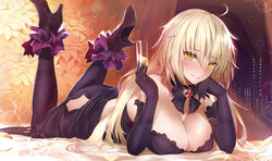  ahoge bare_shoulders black_dress black_gloves black_legwear black_ribbon blonde_hair blush bow breasts cleavage commentary_request cup dress drinking_glass elbow_gloves fate/grand_order fate_(series) female frills full-face_blush gloves hand_on_own_cheek hand_on_own_face high_heels hip_focus holding holding_cup indoors jeanne_d&#039;arc_alter_(avenger)_(fate) jeanne_d&#039;arc_alter_(fate) jeanne_d&#039;arc_alter_(holy_night_supper)_(fate) jewelry large_breasts legs_up long_hair looking_at_viewer lying neck_ribbon night night_sky on_bed on_stomach pale_skin pendant ribbon sky smile solo sparkle the_pose window yaman yellow_eyes 