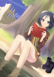  animal_ears ankle_boots bandage_on_face bandages black_hair blue_eyes book boots brave_witches commentary_request dog_ears dog_girl drum_(acta2436) dutch_angle female highres kanno_naoe reading scarf short_hair sitting soaking_feet solo unworn_boots world_witches_series 