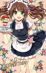  1boy :d apron brown_hair commentary_request crossdressing floral_background food fruit green_eyes happy_birthday hoshimaru_daichi idolmaster idolmaster_side-m long_hair looking_at_viewer maid_headdress male_focus mizushima_saki open_mouth otoko_no_ko parfait photoshop_(medium) skirt skirt_hold smile solo strawberry tray twintails waist_apron waitress 