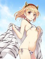  :o alternate_costume animal_print bare_shoulders bikini blonde_hair blush breasts brown_eyes commentary_request djeeta_(granblue_fantasy) eyebrows fake_horns female from_side front-tie_top granblue_fantasy headband highres horns looking_at_viewer navel ogre_(granblue_fantasy) short_hair side-tie_bikini_bottom small_breasts solo souryuu_(double_dragon) swimsuit underboob zebra_print 