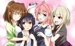  4girls ahoge black_hair blonde_hair blue_eyes blunt_bangs blush bow breasts brown_hair commentary_request cross douki-chan_(ikinokore!_shachiku-chan) energy_drink eyebrows hair_ornament hairpin head_on_head head_rest highres holding_hands ikinokore!_shachiku-chan jewelry large_breasts lipovitan long_hair multiple_girls necklace necktie open_mouth pink_hair red_bow red_eyes sakura_ouka senpai-san_(ikinokore!_shachiku-chan) shirt short_sleeves smile suzuki-shi sweatdrop takanashi_hiyori_(ikinokore!_shachiku-chan) twintails upper_body white_shirt yellow_eyes 