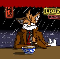  2016 anthro blade_runner canid canine clothing coat crossover food fox fur hair male mammal necktie neonlights rick_deckard sega simple_background solo sonic_the_hedgehog_(series) tails topwear trenchcoat xxtheoneguyxx 