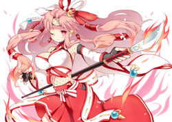  breasts chiyome_(p&amp;d) commentary_request female fingerless_gloves fishnets gloves hachimaki hair_rings hair_tubes headband kaki_s large_breasts long_hair looking_at_viewer naginata navel one_eye_closed photoshop_(medium) pink_eyes pink_hair polearm puzzle_&amp;_dragons skirt smile solo weapon 