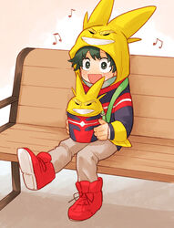  1boy aged_down all_might bad_id bad_pixiv_id beamed_eighth_notes bench black_hair boku_no_hero_academia character_hood cup eighth_note freckles hood hoodie male_focus midoriya_izuku musical_note shoes sitting smile sneakers solo yoshitaro_(almendra) 