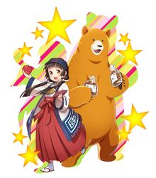  :d ainu_clothes amayadori_machi apple bear black_hair brown_eyes commentary_request female food fruit hakama hakama_skirt headband highres hitec japanese_clothes kumai_natsu kumamiko long_hair miko open_mouth red_hakama skirt smile sweet_potato tabi twintails 