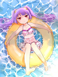  afloat bad_feet bare_legs bikini breasts cleavage collarbone commentary_request feet female frilled_bikini frills from_above hair_ornament highres innertube long_hair looking_at_viewer partially_submerged pikomarie purple_hair puzzle_&amp;_dragons red_eyes small_breasts solo swim_ring swimsuit twintails water yomi_(p&amp;d) 