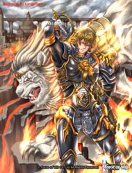  1boy armor artist_name blonde_hair building cloud cloudy_sky commentary_request copyright_name fangs fire force_of_will gloves kamijororo lion male_focus official_art open_mouth red_eyes rock scar sky solo sword teeth upper_body weapon yellow_eyes ywain_(force_of_will) 