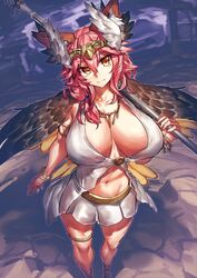  animal_ears bracelet breasts circe_(fate) circe_(fate)_(cosplay) commentary_request cosplay fate/grand_order fate_(series) female fox_ears head_wings highres jewelry large_breasts melon22 navel necklace oerba_yun_fang over_shoulder pink_hair solo staff tamamo_(fate) tamamo_no_mae_(fate/extra) tiara weapon weapon_over_shoulder wings yellow_eyes 