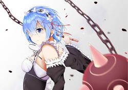  bad_id bad_pixiv_id blue_eyes blue_hair breasts chains detached_sleeves female grey_background hair_over_one_eye hair_ribbon holding holding_weapon maid medium_breasts re:zero_kara_hajimeru_isekai_seikatsu red_ribbon rem_(re:zero) ribbon ribbon-trimmed_sleeves ribbon_trim roswaal_mansion_maid_uniform sakura_shibataro short_hair sideboob solo standing upper_body weapon 