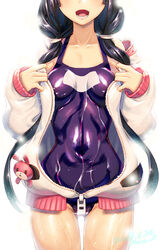  black_hair commentary ecell female head_out_of_frame jacket long_hair mabinogi mabinogi_heroes one-piece_swimsuit open_clothes open_jacket open_mouth original photoshop_(medium) player_character_(mabinogi_heroes) school_swimsuit solo standing swimsuit zipper 