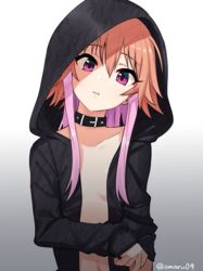  alpha_transparency bad_id bad_twitter_id breasts collar collarbone female gradient_background grey_background highres hood hood_up hoodie idolmaster idolmaster_cinderella_girls long_hair looking_at_viewer multicolored_hair naked_hoodie navel ninomiya_asuka omaru_gyuunyuu orange_hair parted_lips pink_hair purple_eyes shadow sleeves_past_wrists small_breasts solo thumbnail_surprise twitter_username two-tone_hair 