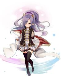  absurdres alternate_costume blush blush_stickers cape commentary_request female granblue_fantasy hair_ornament hair_over_one_eye harvin highres jacket niyon_(granblue_fantasy) ponytail purple_eyes purple_hair school_uniform skirt smile sorano_(12gou) thighhighs white_background 