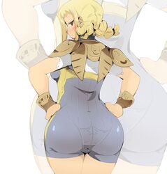  armor ass back blonde_hair blue_eyes blush bodysuit bracer braid breasts brown_eyes commentary_request cowboy_shot curvy female final_fantasy final_fantasy_xii from_behind hands_on_own_hips hip_focus long_hair looking_back name_john pantylines pauldrons penelo profile shoulder_armor sideways_mouth simple_background solo standing twin_braids white_background zoom_layer 