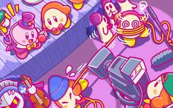  1boy @_@ armor assistant_waddle_dee backwards_hat baseball_cap beanie blade_knight blue_hat boom_microphone bow bowtie camera_waddle_dee cappy_(kirby) channel_ppp coattails commentary_request dizzy gloves hat headphones instrument kirby kirby_(series) kirby_25th_anniversary_orchestra_concert mask meta_knight microphone microphone_waddle_dee mini_hat mini_top_hat official_art pauldrons reporter_waddle_dee shoulder_armor stage top_hat video_camera violin waddle_dee wire 