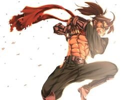  1boy abs armor blazblue brown_eyes brown_hair commentary_request elbow_gloves fingerless_gloves gloves greaves jumping kawo-ri male_focus midriff muscular ninja open_mouth ponytail red_scarf scarf shishigami_bang sideburns solo thick_eyebrows 