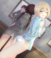  2girls absurdres ass blue_eyes brown_hair brushing_teeth commentary_request cup drum_(acta2436) erica_hartmann flat_ass gertrud_barkhorn hair_ribbon hand_on_own_hip highres military military_uniform mirror multiple_girls no_pants one_eye_closed open_mouth panties red_eyes reflection ribbon strike_witches toothbrush twintails underwear uniform white_panties world_witches_series yawning 