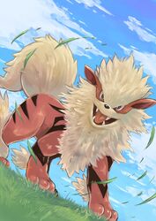  arcanine blue_sky brown_eyes cloud commentary_request day dutch_angle fangs grass highres no_humans outdoors pokemon pokemon_(creature) sky solo tesshii_(riza4828) 