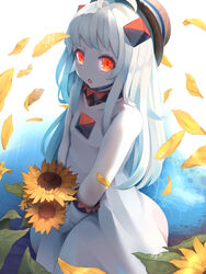  abyssal_ship ahoge colored_skin commentary_request dress female flower highres horns kantai_collection long_hair mittens northern_ocean_princess onasuba open_mouth petals rain red_eyes sleeveless sleeveless_dress solo sunflower white_dress white_hair white_skin 