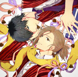  2boys blue_eyes brown_eyes brown_hair candy chocolate commentary_request food formal gradient_background grey_hair heart heart-shaped_chocolate hoshimaru_daichi idolmaster idolmaster_side-m looking_at_viewer male_focus mole mole_under_eye multicolored_hair multiple_boys necktie ponytail scarf suit takajo_kyoji two-tone_hair upper_body valentine watanabe_minori 