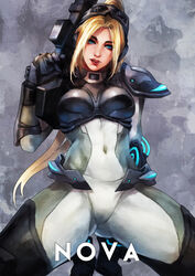  absurdres armor blonde_hair bodysuit boobplate breastplate breasts commentary covered_navel english_commentary female ghost_(starcraft) gloves goggles goggles_on_head gun head_tilt highres kneeling large_breasts lips long_hair looking_at_viewer monori_rogue nova_(starcraft) parted_lips photoshop_(medium) ponytail rifle sniper_rifle solo squatting starcraft terran thick_eyebrows thick_thighs thighs weapon white_bodysuit 