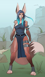  2016 anthro blue_hair bolgan breasts canid canine clothed clothing female fox fur hair hi_res looking_at_viewer lunate mammal smile solo 