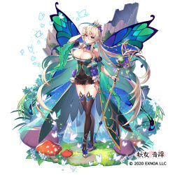  anzumame aqua_hair black_thighhighs blonde_hair braid breasts bug butterfly character_request cleavage closed_mouth colored_inner_hair copyright_notice covered_navel detached_collar fairy fairy_wings female flower full_body grass hair_between_eyes hair_flower hair_ornament holding holding_staff large_breasts long_hair mahoroba_youjo_kitan multicolored_hair mushroom official_art purple_eyes purple_flower solo staff thighhighs tiara wings 