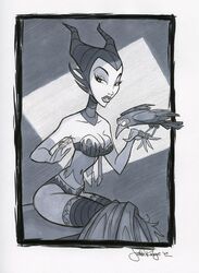  1girls 2007 bird bra breasts clothes diablo_the_raven disney disney_villains female greyscale justin_ridge looking_at_viewer maleficent monochrome panties pointy_chin raven_(bird) sleeping_beauty_(1959_film) underwear witch 